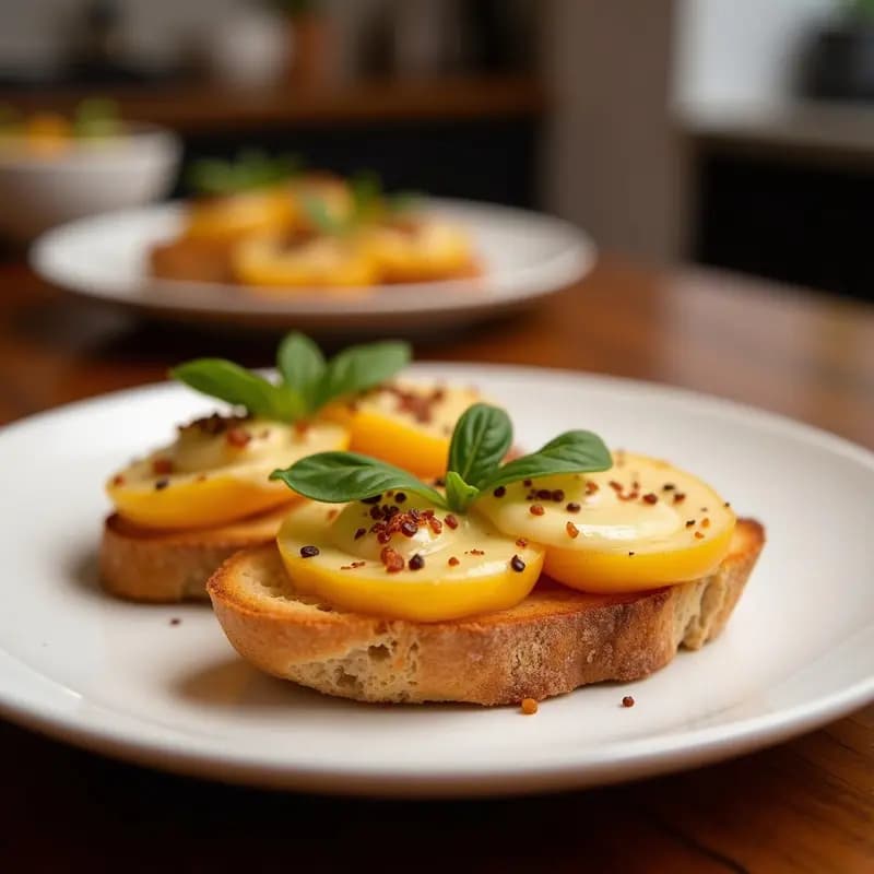 Bruschetta de Melocotón y Queso de Cabra con Albahaca: Entrante Italiano Veraniego