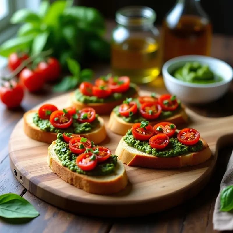Bruschetta de Pan de Almendra y Tomates Secos: Receta Italiana Keto con Pesto de Albahaca