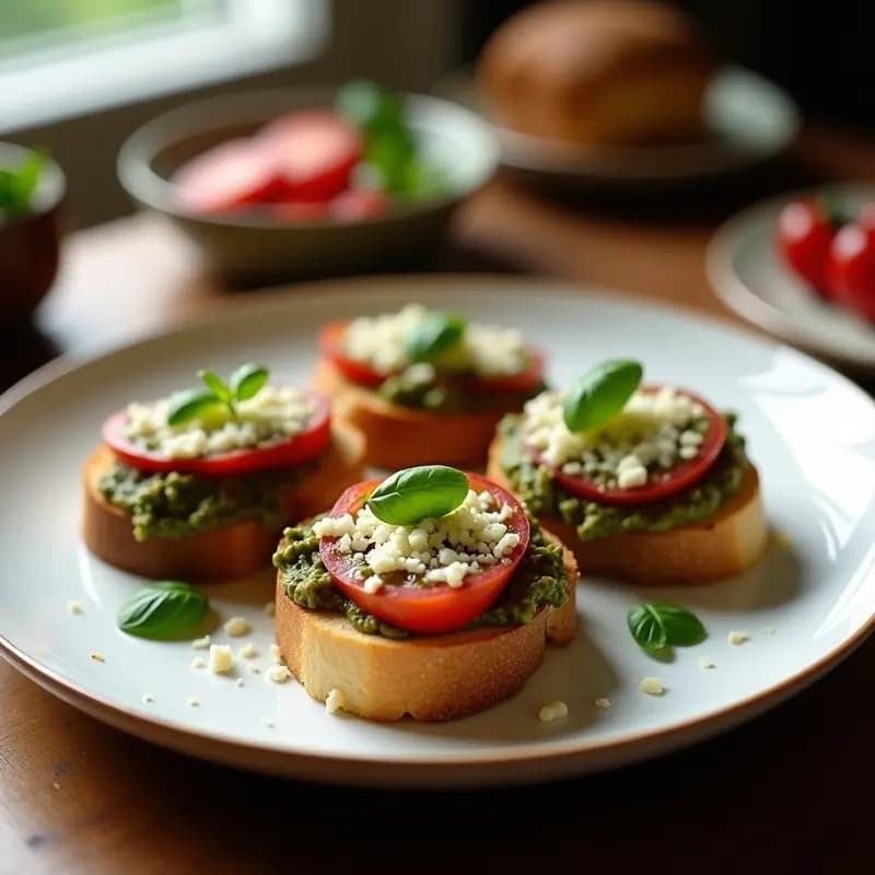 Bruschetta de Pan de Almendra con Pesto de Rúcula y Parmesano Vegano: Entrante Italiano Low-Carb