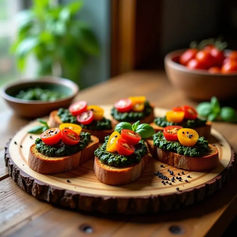 Bruschetta de Pan de Batata y Pesto de Albahaca Negra: Entrante Italiano Sin Gluten
