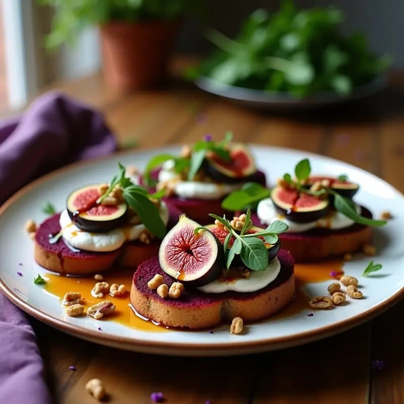 Bruchetta de Pan de Beetroot con Buratta y Higueras: Entrante Italiano Gourmet Sin Gluten