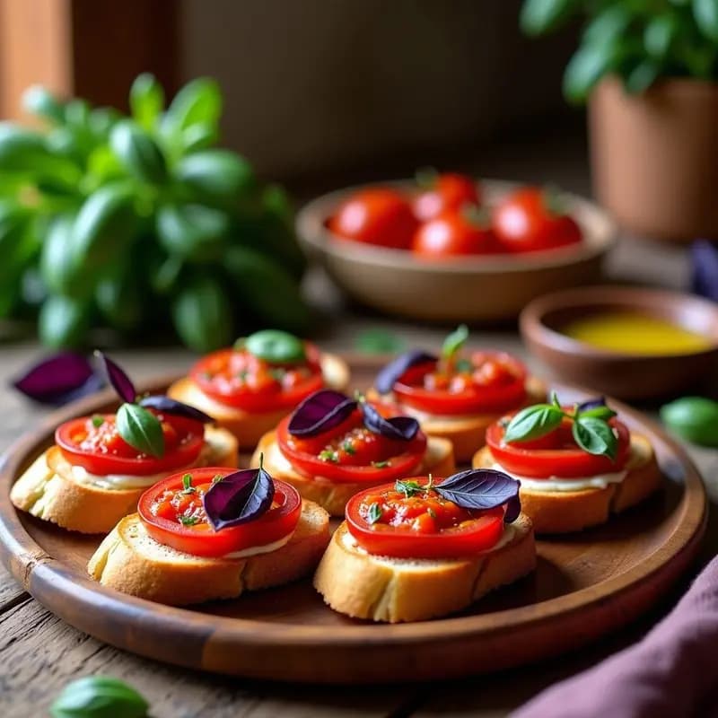 Bruschetta de Pan de Espelta con Tomate Confitado y Albahaca Morada: Entrante Italiano Keto