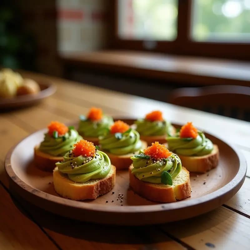 Bruschetta de Pan de Maíz con Aguacate y Huevas de Tobiko: Entrante Mexicano-Italiano