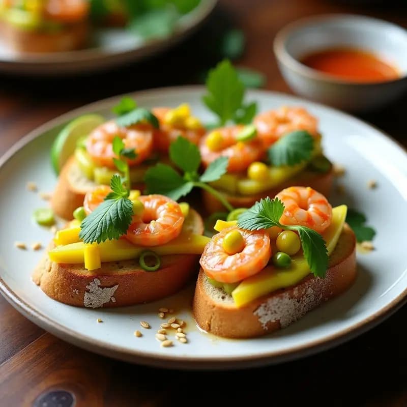 Bruschetta tailandesa con Mango Verde y Camarones al Ajillo: Entrante Fusion en 15 Minutos