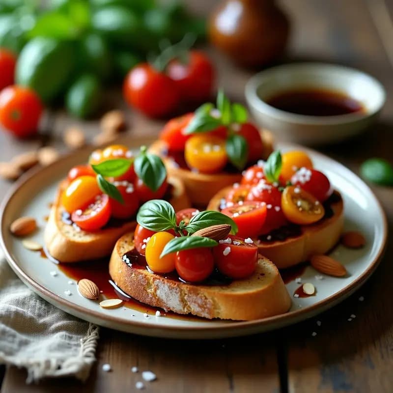 Bruschetta de Tomate Cherry y Albahaca con Vinagreta de Módica: Entrante Italiano Ligero