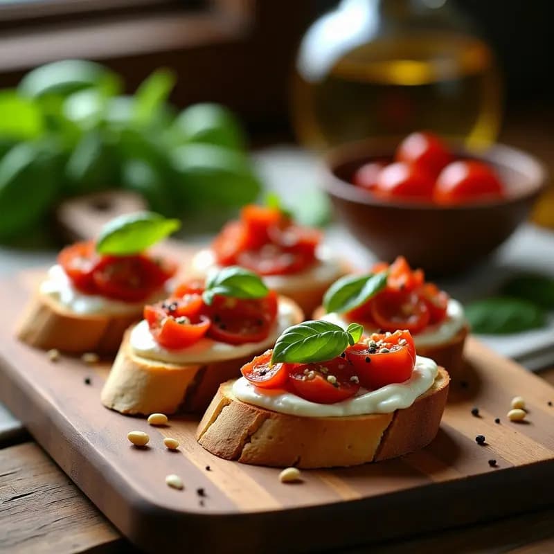 Bruschetta de Tomates Secos y Buratta con Albahaca Fresca: Aperitivo Italiano en 10 Minutos