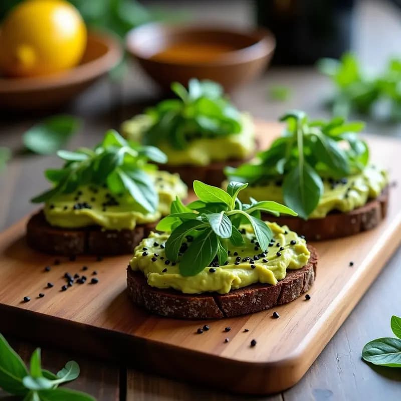 Bruschetta de Pan de Trigo Sarraceno con Aguacate y Rúcula: Aperitivo Italiano Vegano