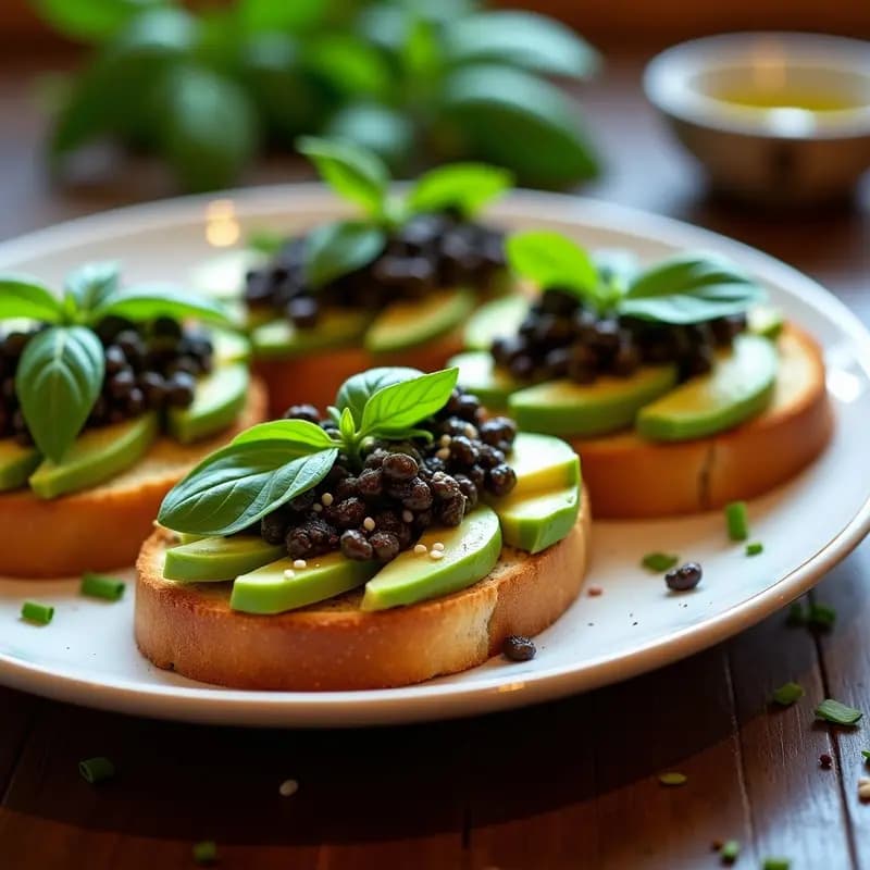 Bruschettas de Aguacate y Caviar de Lentejas: Receta Italiana Vegana con Toque Gourmet