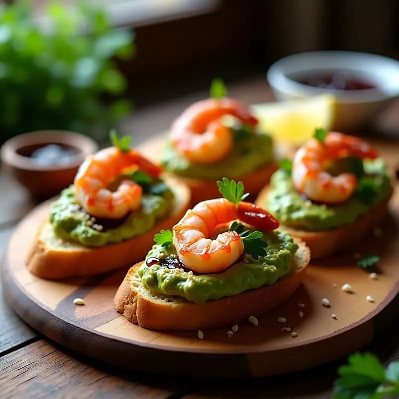 Bruschettas de Aguacate y Gambas con Ajo Negro: Aperitivo Italiano Gourmet en 10 Minutos