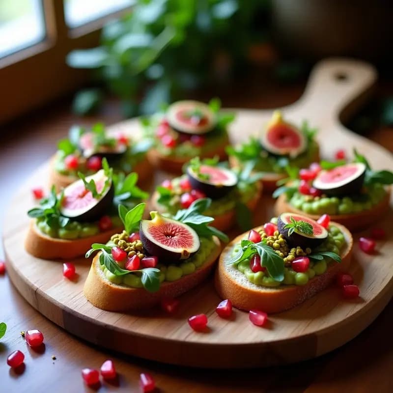 Bruschettas de Aguacate y Higos con Vinagreta de Granado: Aperitivo Italiano Vegano
