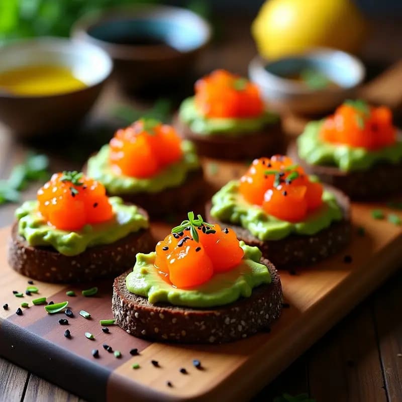 Bruschettas de Aguacate y Huevas de Tobiko: Aperitivo Italiano-Japonés con Toque Crujiente