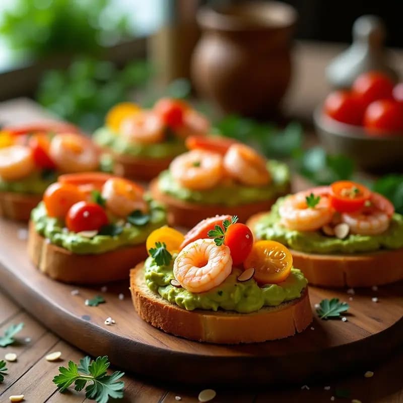 Bruschettas de Aguacate y Langostinos al Ajillo: Aperitivo Italiano con Toque Español