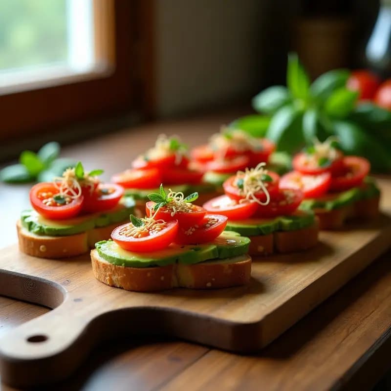 Bruschettas de Aguacate y Stratocci de Tomate con Vinagreta de Albahaca: Aperitivo Italiano Fresco