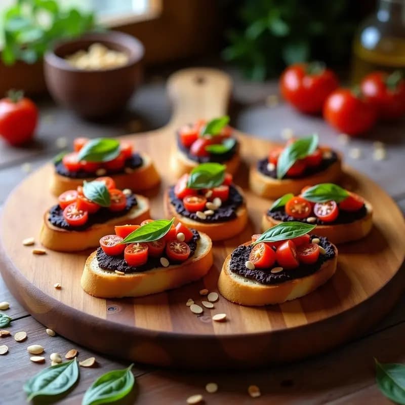 Bruschettas de Pan de Ajo Negro y Tomate Raf: Entrante Español Gourmet y Sin Gluten