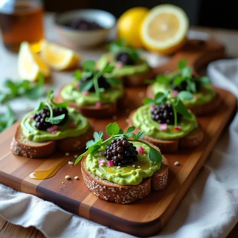 Bruschettas de Pan de Centeno con Aguacate y Caviar de Lentejas: Aperitivo Italiano Vegano y Crujiente