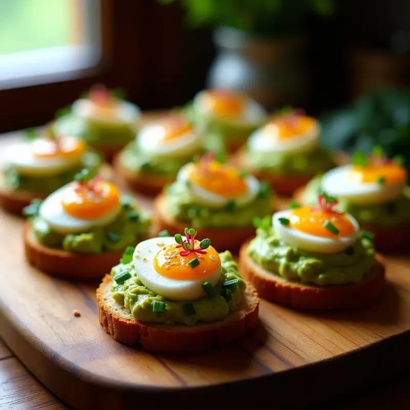 Bruschettas de Pan de Centeno con Aguacate y Huevos de Codorniz: Entrante Francés Proteico
