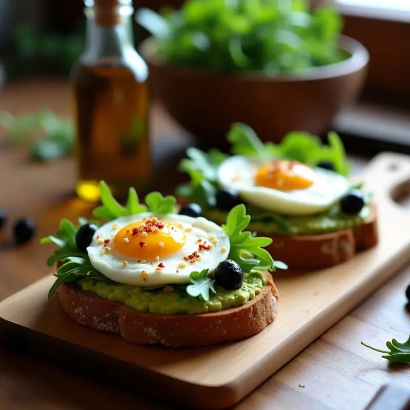 Bruschettas de Pan de Centeno con Aguacate y Huevos Poché: Desayuno Italiano Alta en Proteínas