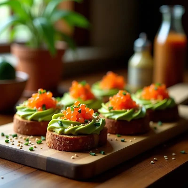Bruschettas de Pan de Centeno con Aguacate y Huevas de Tobiko: Receta Italiana Gourmet