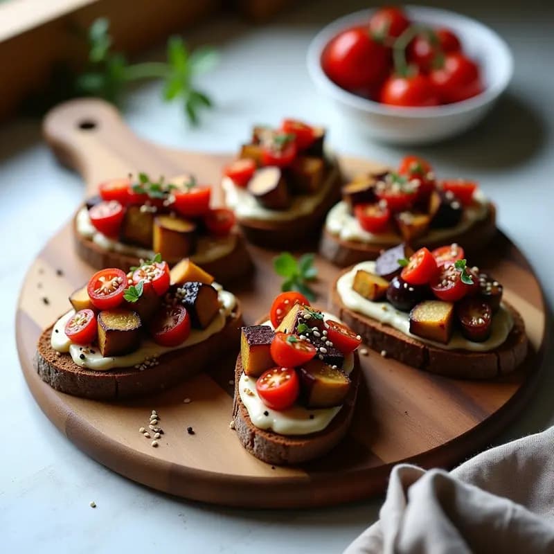 Bruschettas de Pan de Centeno con Toppings de Berenjena Ahumada y Aceitunas Kalamata