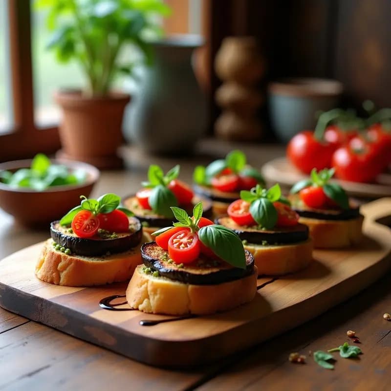 Bruschettas de Pan de Centeno con Berenjena Asada y Pesto de Albahaca Morada
