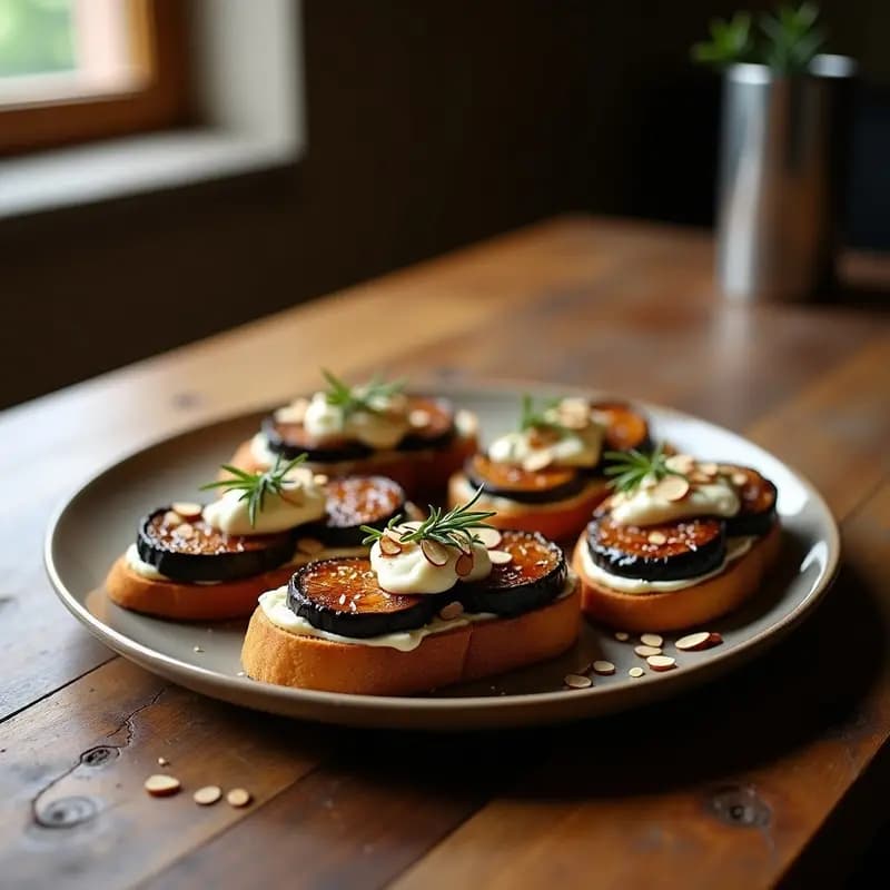 Bruschettas de Pan de Centeno con Berenjena Asada y Miel de Trufa: Receta Italiana Gourmet