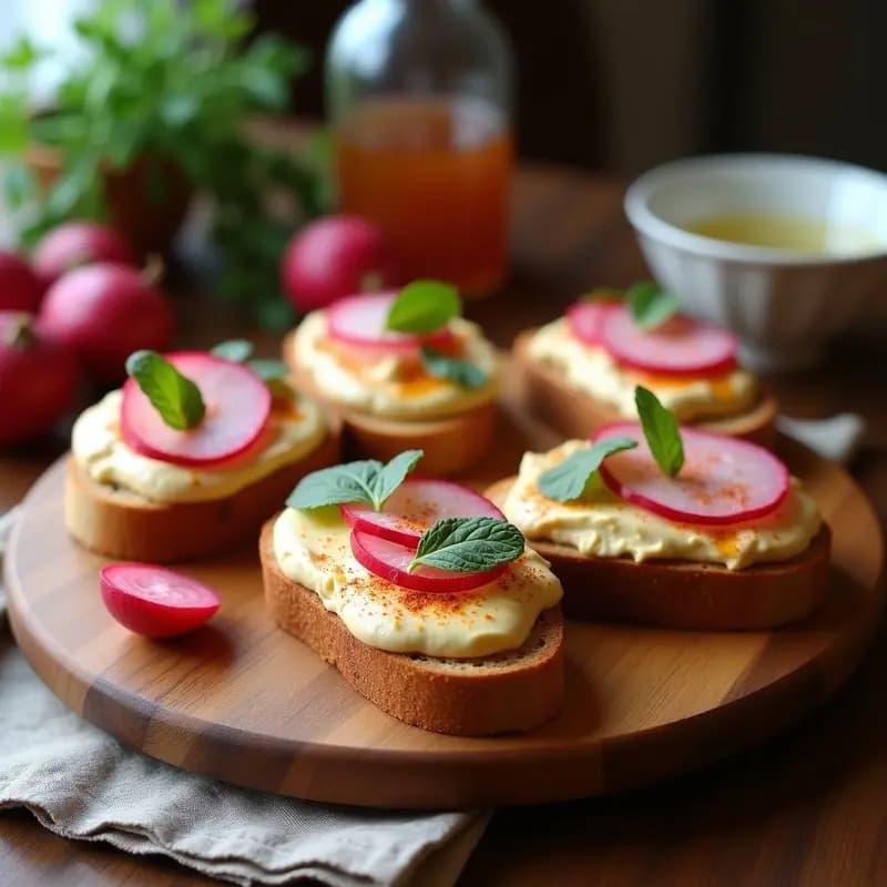 Bruschettas de Pan de Centeno con Hummus y Rábanos: Aperitivo Mathematics Sin Gluten