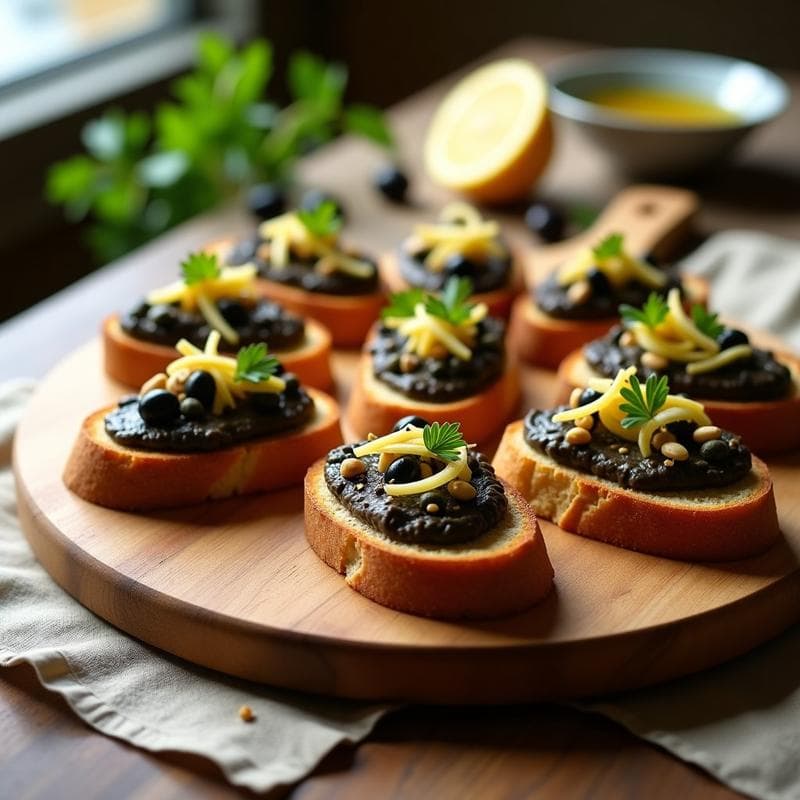 Bruschettas de Pan de Centeno y Paté de Aceitunas Negras: Aperitivo Italiano con Toque de Limón Confitado