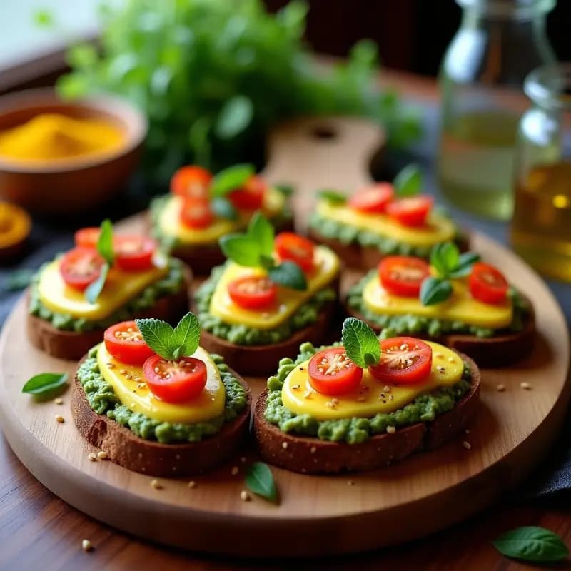 Bruschettas de Pan de Centeno con Pesto de Alfalfa y Queso de Cúrcuma: Entrante Italiano Vegano