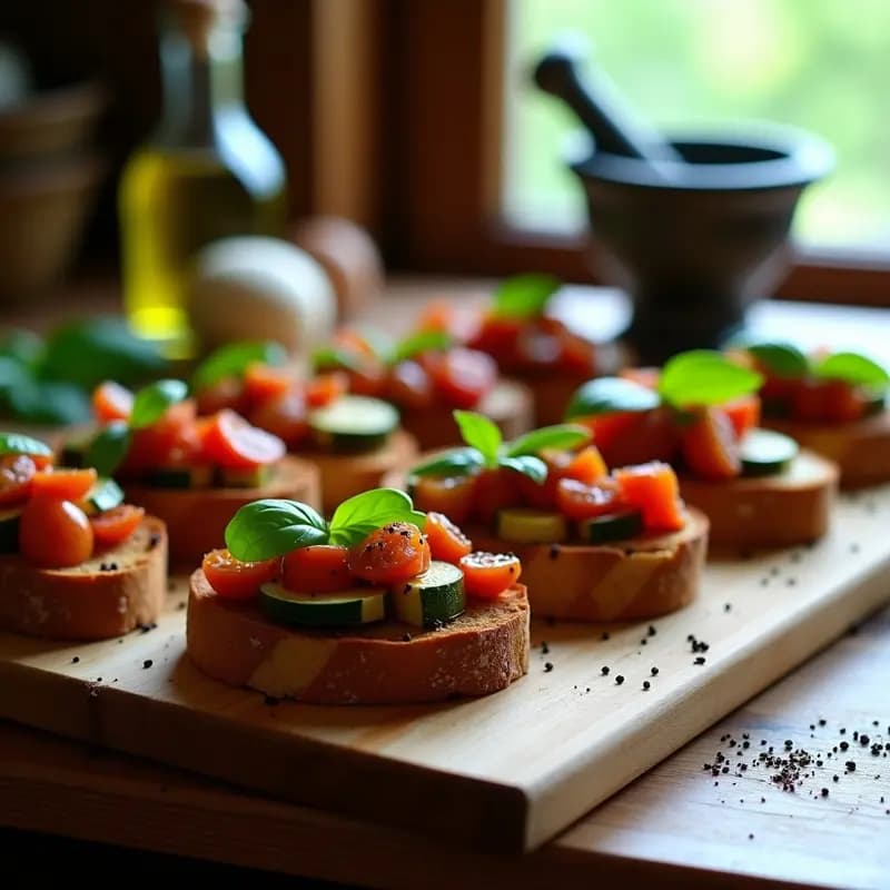 Bruschettas de Pan de Centeno con Ratatouille y Aceite de Albahaca: Aperitivo Francés Sin Gluten