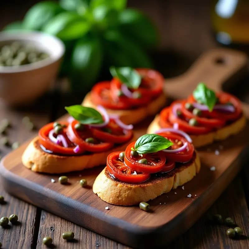 Bruschettas de Pan de Centeno con Tomate Ahumado y Alcaparras: Aperitivo Italiano Sin Lactosa