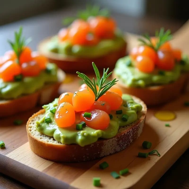 Bruschettas de Pan de Espelta con Aguacate y Huevas de Trucha: Aperitivo Italiano Proteico