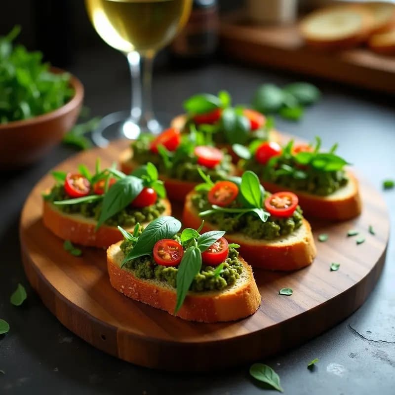 Bruschettas de Pan de Espelta con Pesto de Rúcula y Nueces: Entrante Italiano Sin Gluten