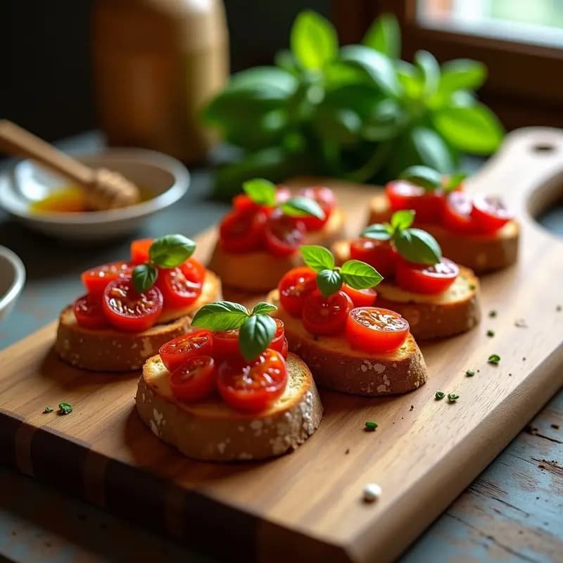 Bruschettas de Pan de Espelta con Tomate Confitado y Albahaca: Aperitivo Italiano Sin Lactosa