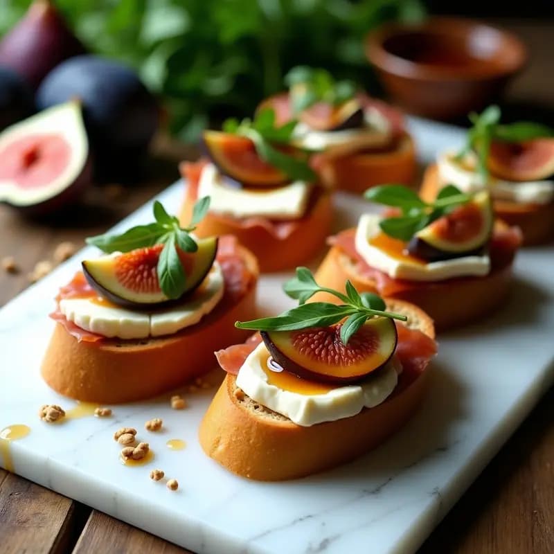 Bruschettas de Higos y Prosciutto con Queso Brie: Aperitivo Italiano Gourmet en 5 Minutos