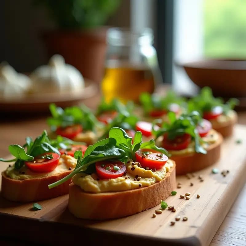 Bruschettas de Hummus y Rúcula: Aperitivo Italiano Vegano y Sin Cocción