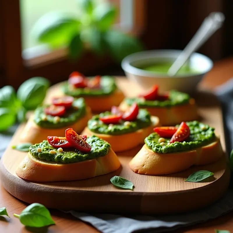 Bruschettas de Pan de Lino con Pesto de Albahaca y Tomates Secos al Sol