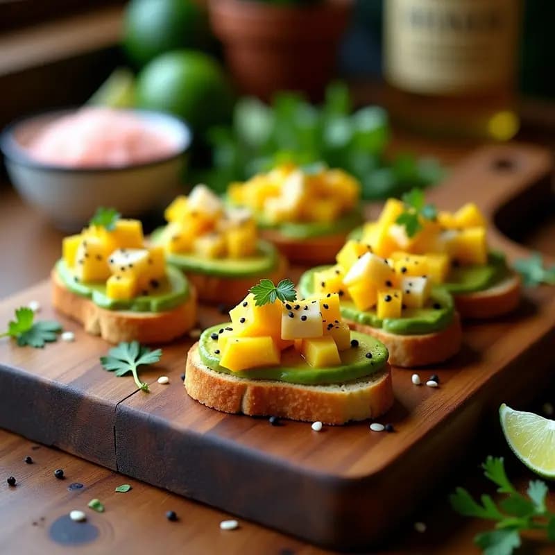 Bruschettas de Pan de Maíz con Aguacate y Ceviche de Mango: Entrante Peruano-Italiano Fusion