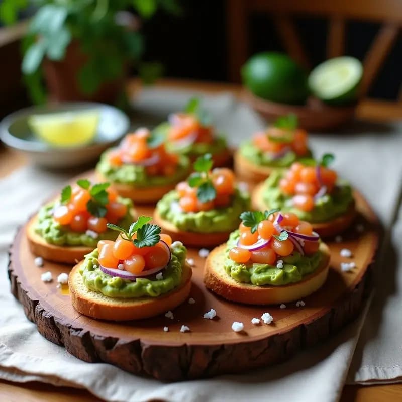 Bruschettas de Pan de Maíz con Aguacate y Huevas de Salmón: Aperitivo Mexicano-Italiano de Alta Cocina