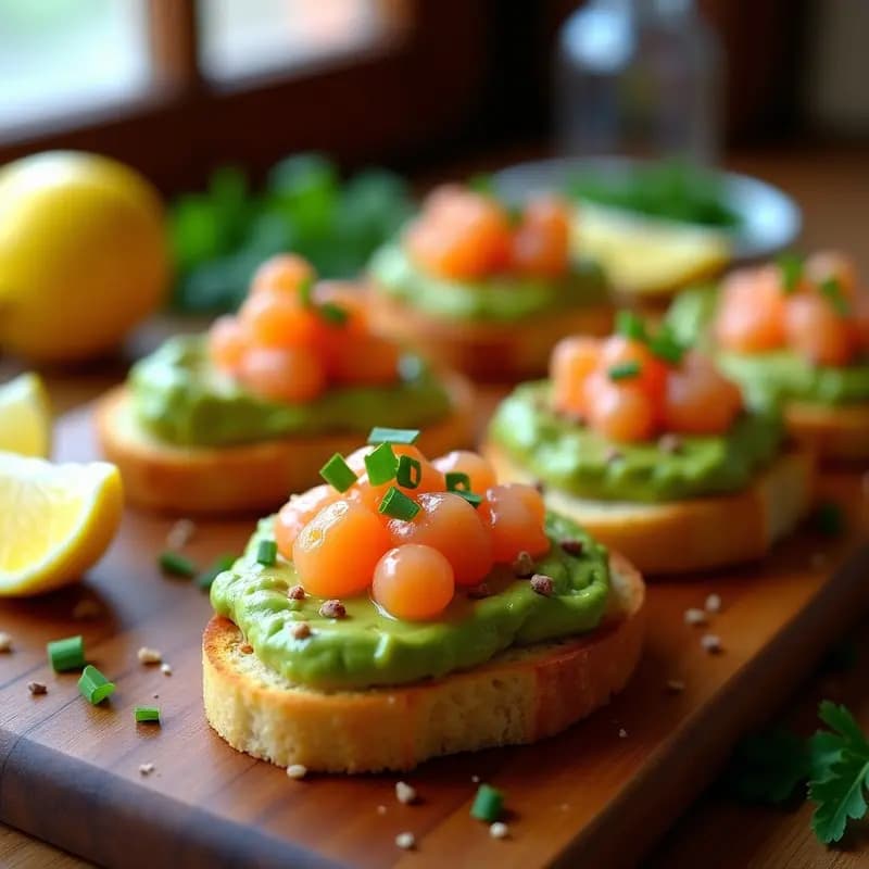 Bruschettas de Pan de Maíz con Aguacate y Huevas de Trucha: Entrante Italo-Peruano en 10 Minutos