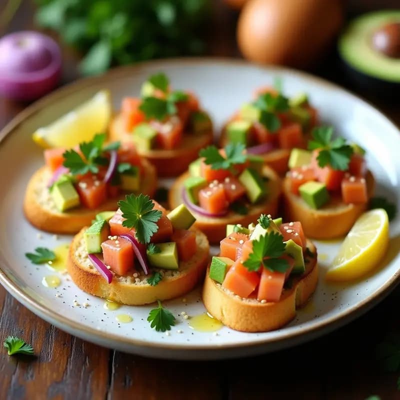 Bruschettas de Pan de Maíz con Ceviche de Salmón Ahumado: Aperitivo Peruano-Italiano