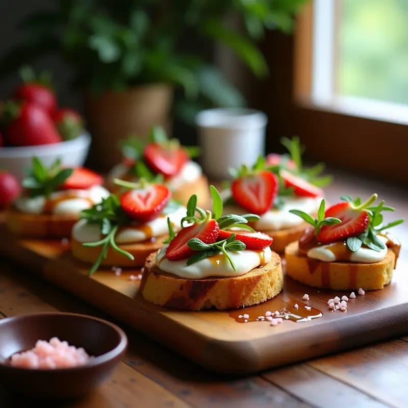 Bruschettas de Pan de Maíz con Fresas y Queso de Burata: Entrante Italiano Dulce-Salado