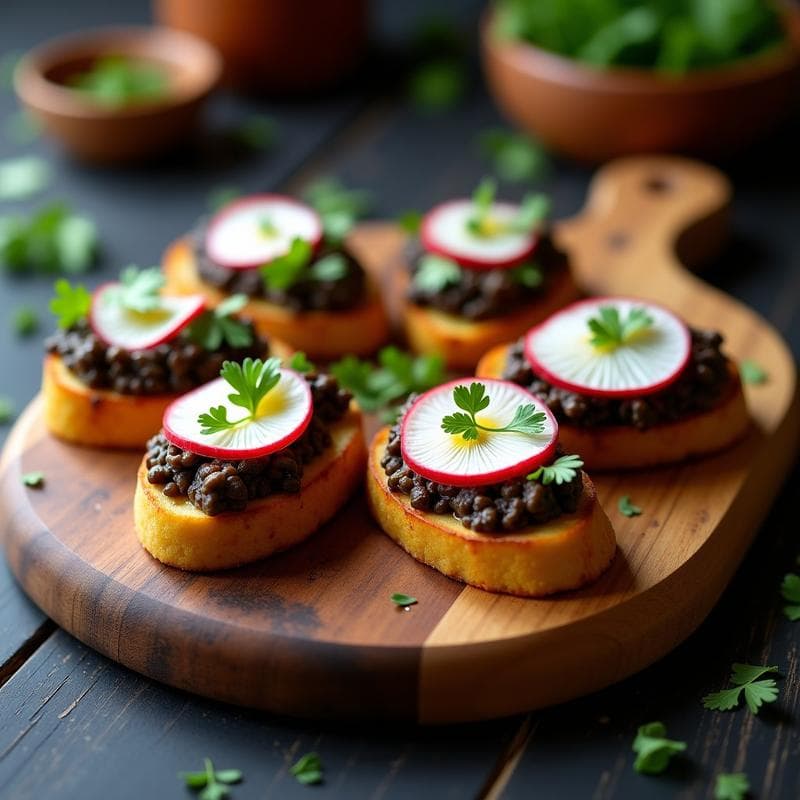 Bruschettas de Pan de Plátano Verde y Hummus de Lentejas Negras: Receta Vegana Sin Gluten con Topping de Rábanos