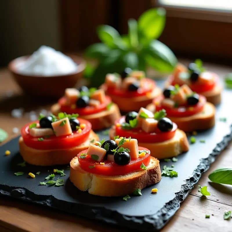 Bruschettas de Pan de Tomate con Ventresca y Aceitunas Kalamata: Receta Española Gourmet