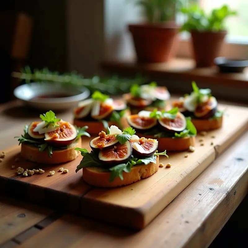 Bruschettas de Panceta y Higos Caramelizados: Entrante Italiano Dulce-Salado con Rúcula y Vinagreta Balsámica