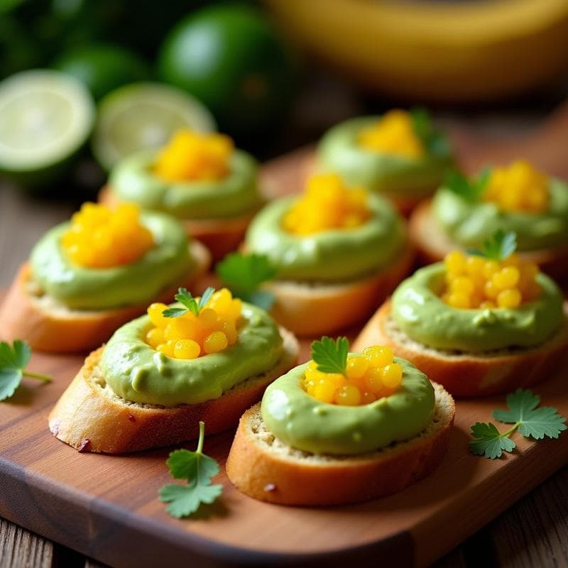 Bruschettas de Pan de Plátano Macho con Aguacate y Caviar de Lima: Aperitivo Sin Gluten