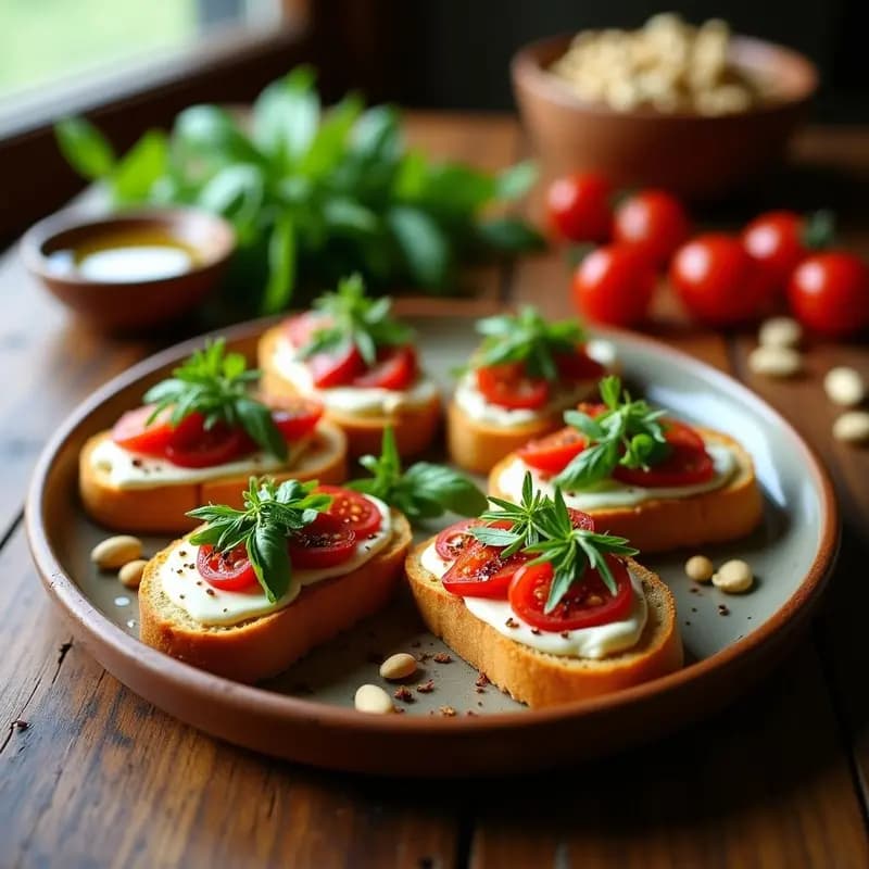 Bruschettas Italianas con Tomates Secos y Queso de Almendras: Aperitivo Sin Lácteos