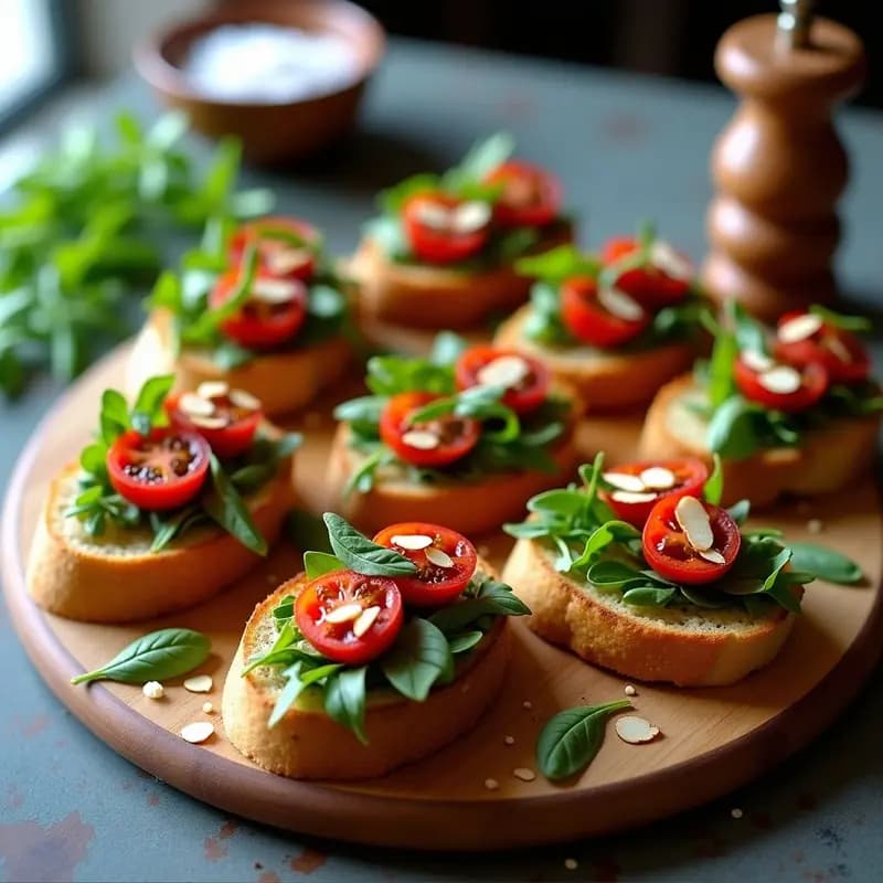 Aperitivo de Bruschettas de Tomate Seco y Rúcula con Vinagre Balsámico: Receta Italiana en 10 Minutos