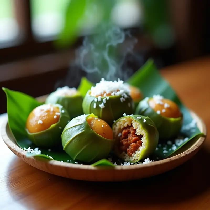 Bualu Kakul: Bolas de arroz glutinoso rellenas de carne picante de la cocina filipina