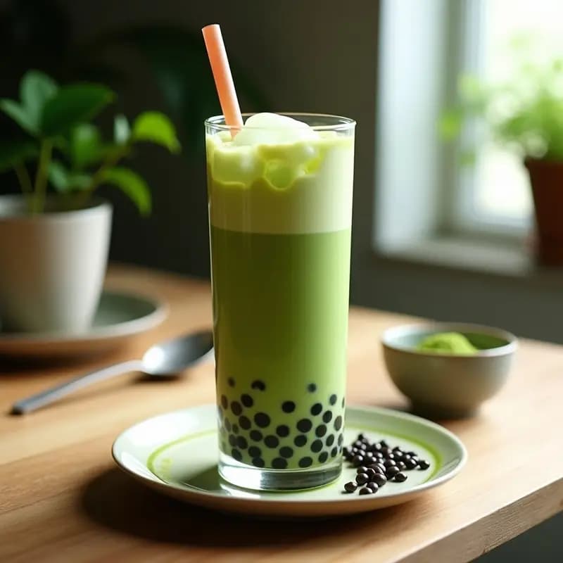 Bubble Tea de Té Verde y Leche de Soja: Bebida Taiwanea Antioxidante con Bolas de Chía