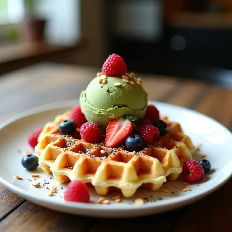 Bubble Waffle de Harina de Arroz con Helado de Té Verde y Frutos Rojos: Postre Hongkonés Keto